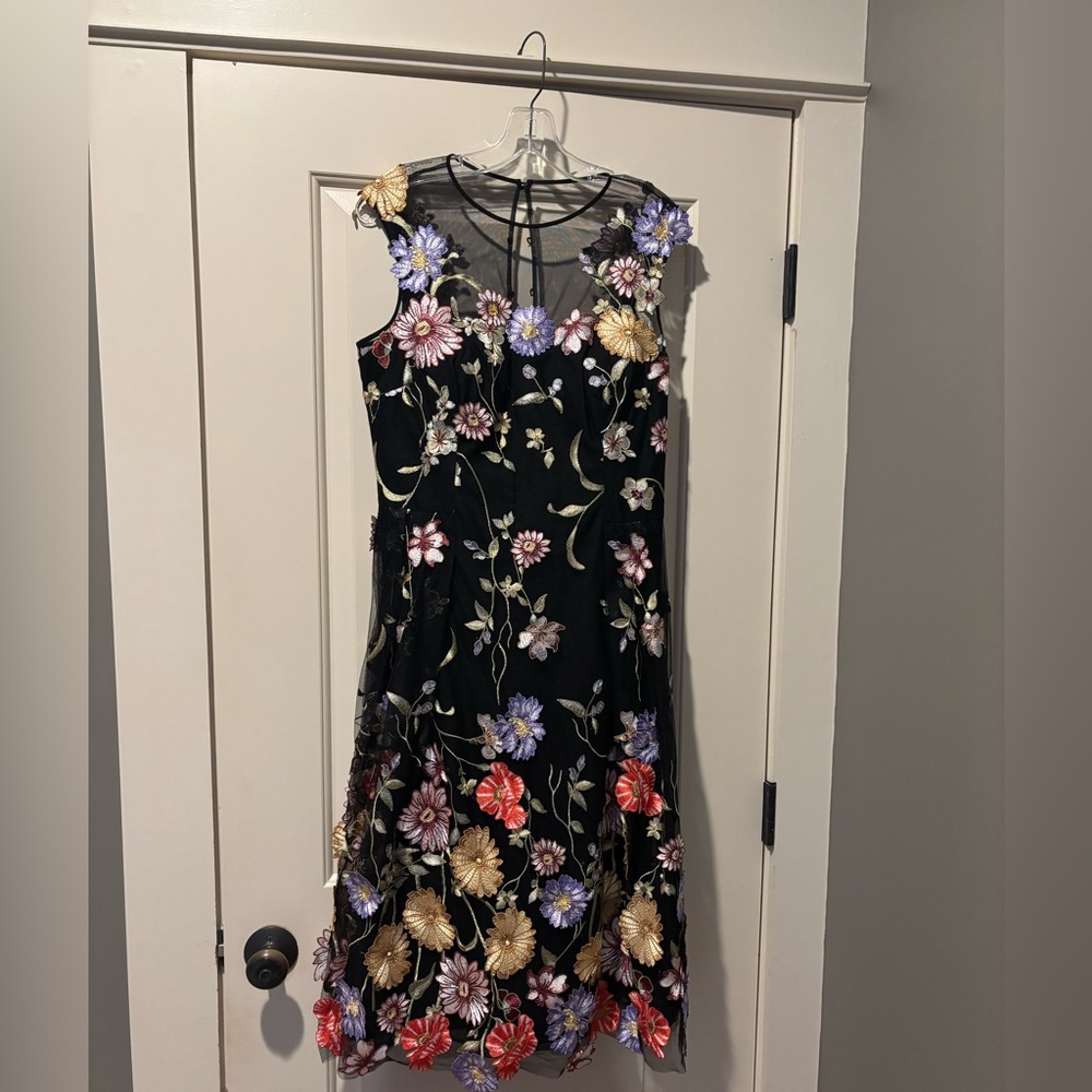 Teri Jon Black Dress with Multicolor Floral Embroidery